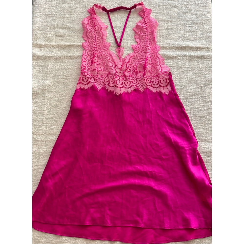 Victoria's Secret Pink Satin Lace Slip Dress Chemise Nightgown Womens Medium